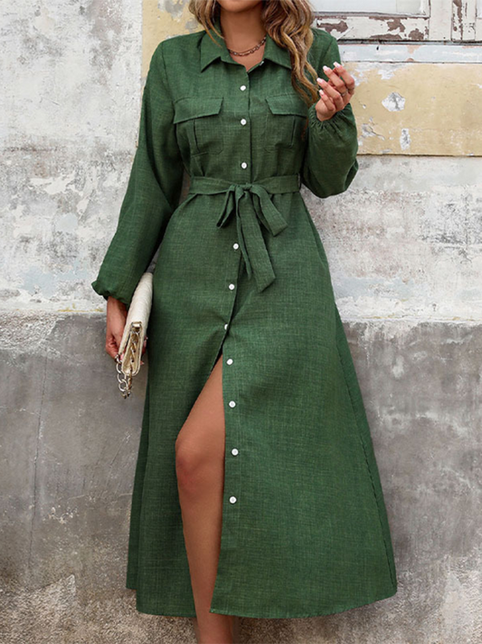 New Lapel Green Long-Sleeve Solid-Colour Dress