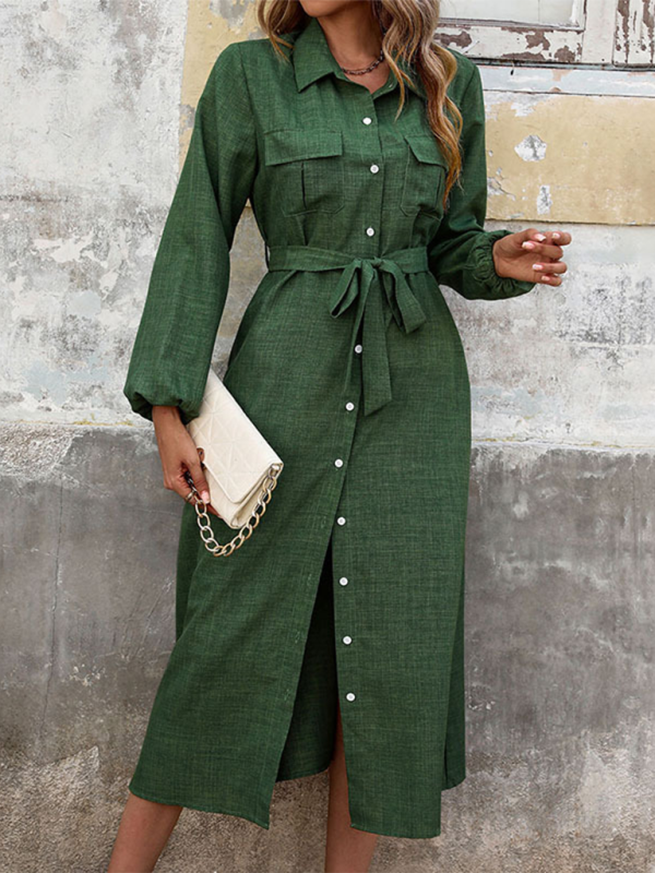 New Lapel Green Long-Sleeve Solid-Colour Dress