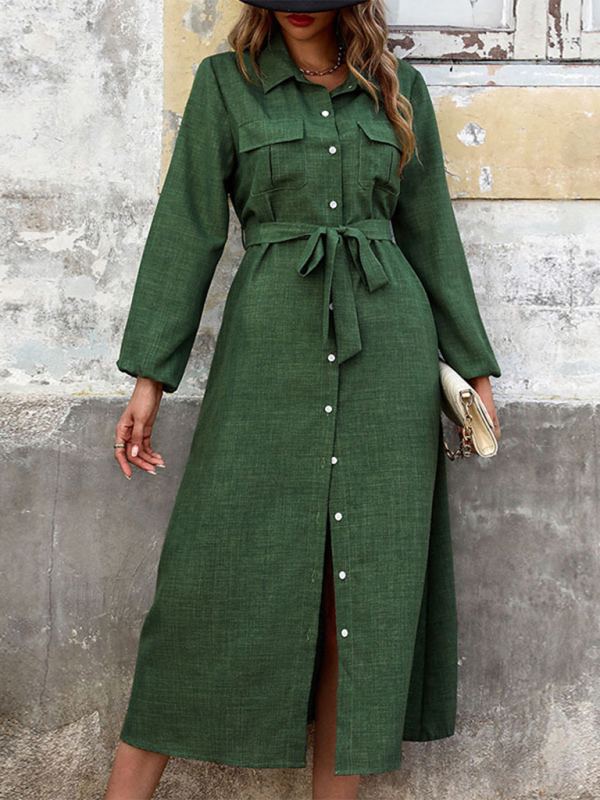 New Lapel Green Long-Sleeve Solid-Colour Dress