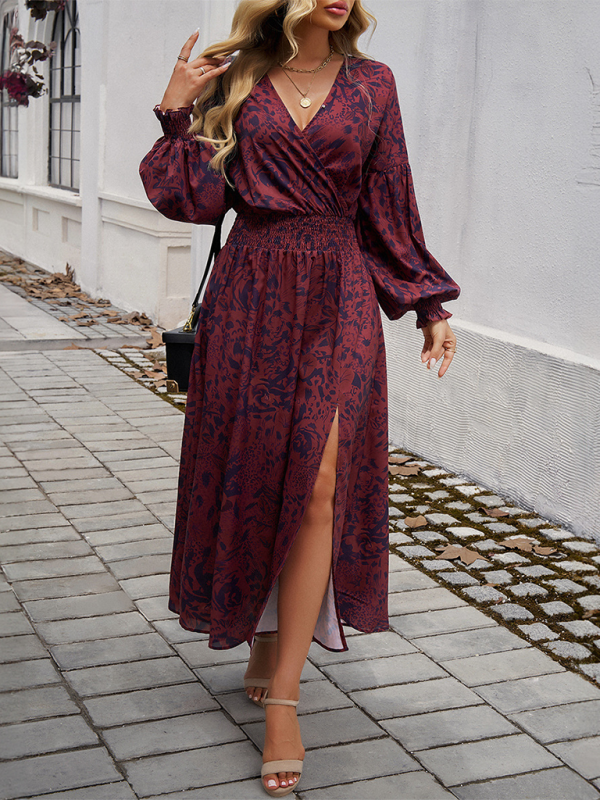 Elegant V-Neck High-Waist Printed Dress