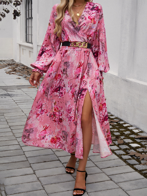 Elegant V-Neck High-Waist Printed Dress