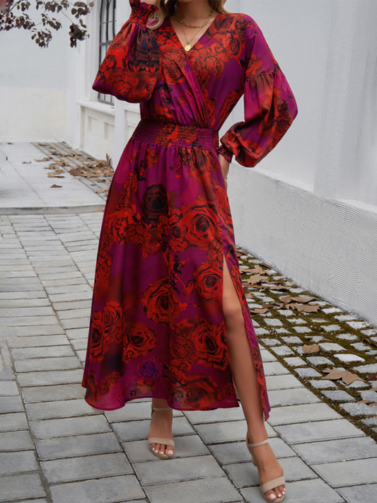 Elegant V-Neck High-Waist Printed Dress
