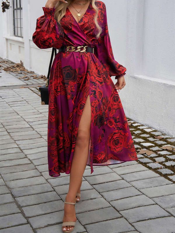 Elegant V-Neck High-Waist Printed Dress