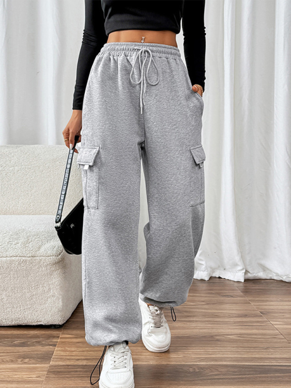 Casual Elastic-Waist Patchwork Pocket Straight Trousers