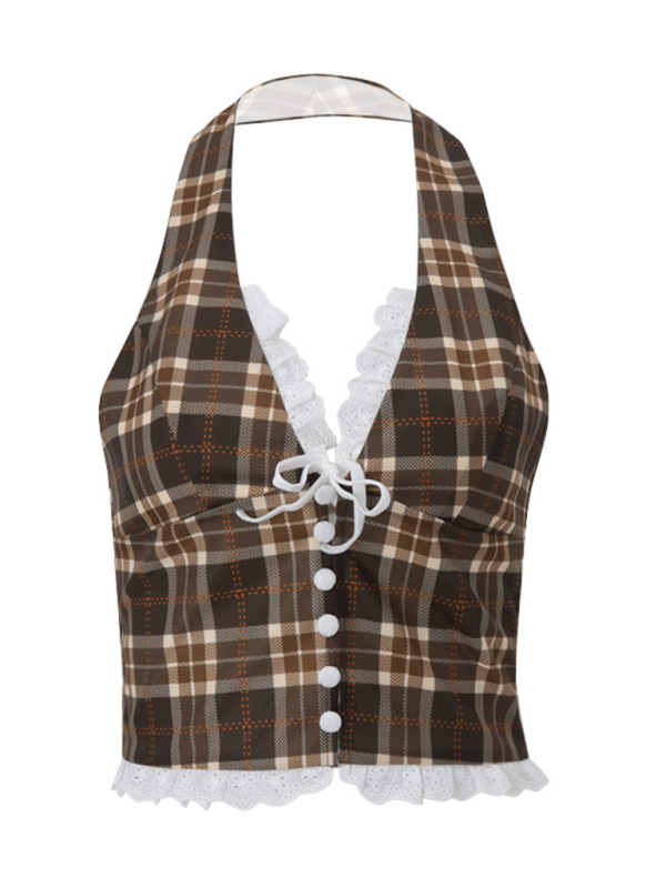 New Sweet Retro Plaid Halter Vest Top