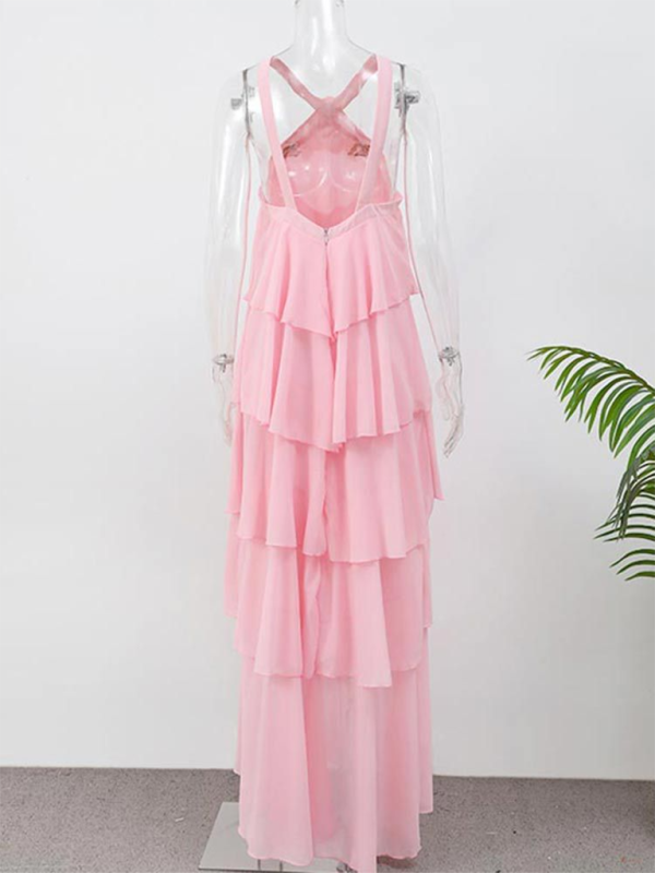 Sweet Pink Halter-Neck Backless Layered Cake Slim Elegant Dress