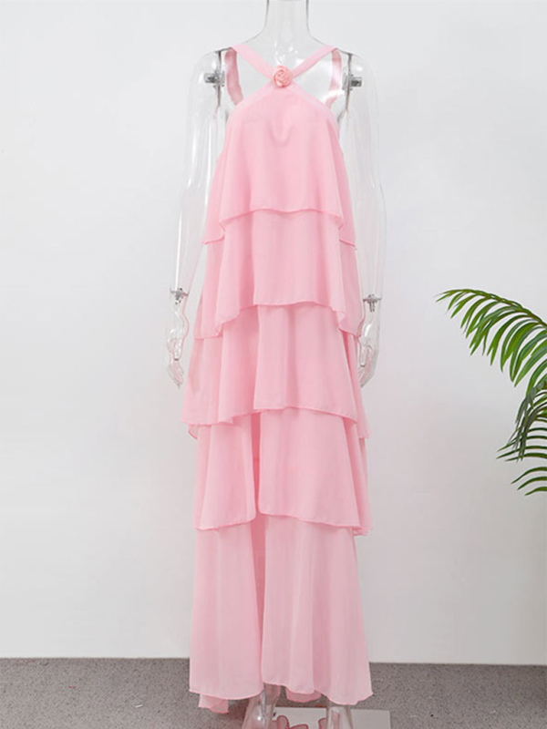 Sweet Pink Halter-Neck Backless Layered Cake Slim Elegant Dress