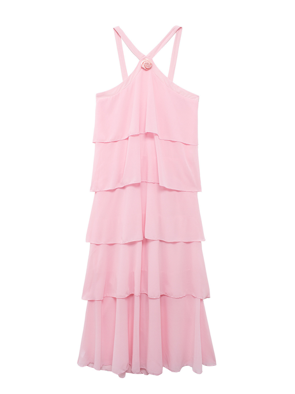 Sweet Pink Halter-Neck Backless Layered Cake Slim Elegant Dress