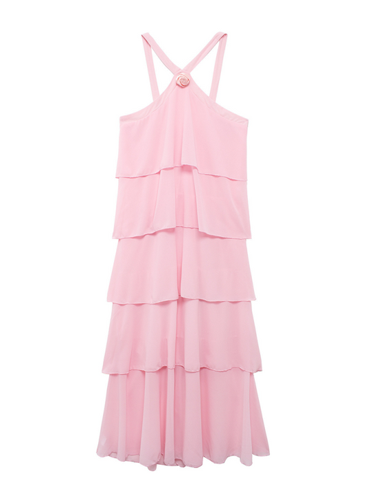 Sweet Pink Halter-Neck Backless Layered Cake Slim Elegant Dress