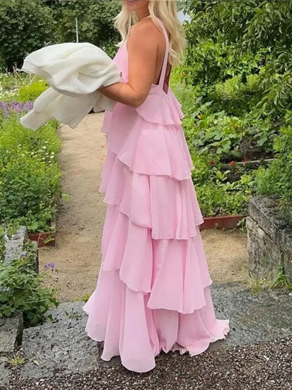 Sweet Pink Halter-Neck Backless Layered Cake Slim Elegant Dress