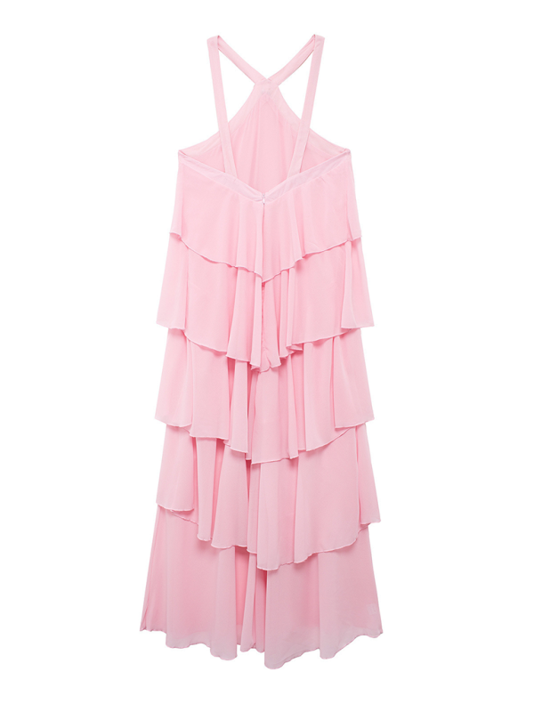 Sweet Pink Halter-Neck Backless Layered Cake Slim Elegant Dress