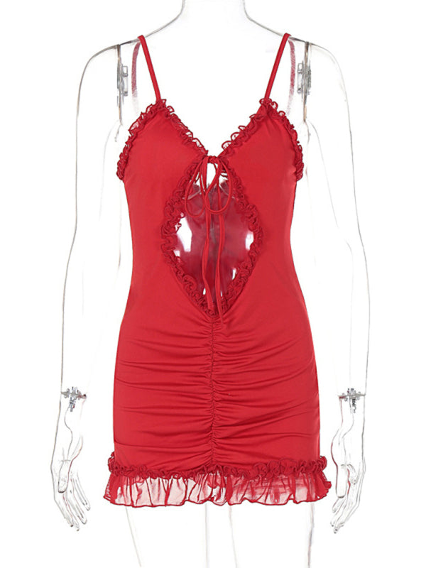New-Style Ruffled-Edge Elegant Hollow Lace Mini Dress