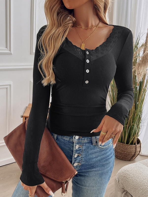 Button U-Neck Knitted Long-Sleeve Top