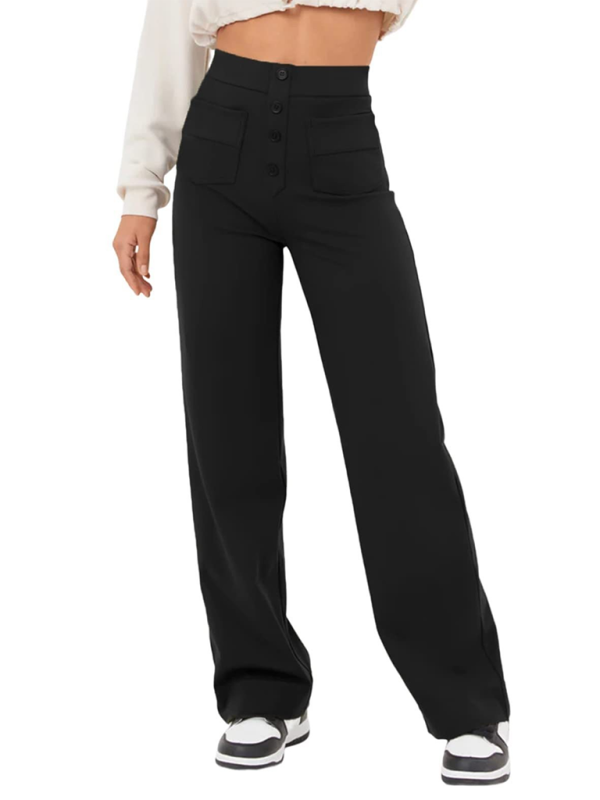 Women's High-Waist Button Straight-Leg Trousers