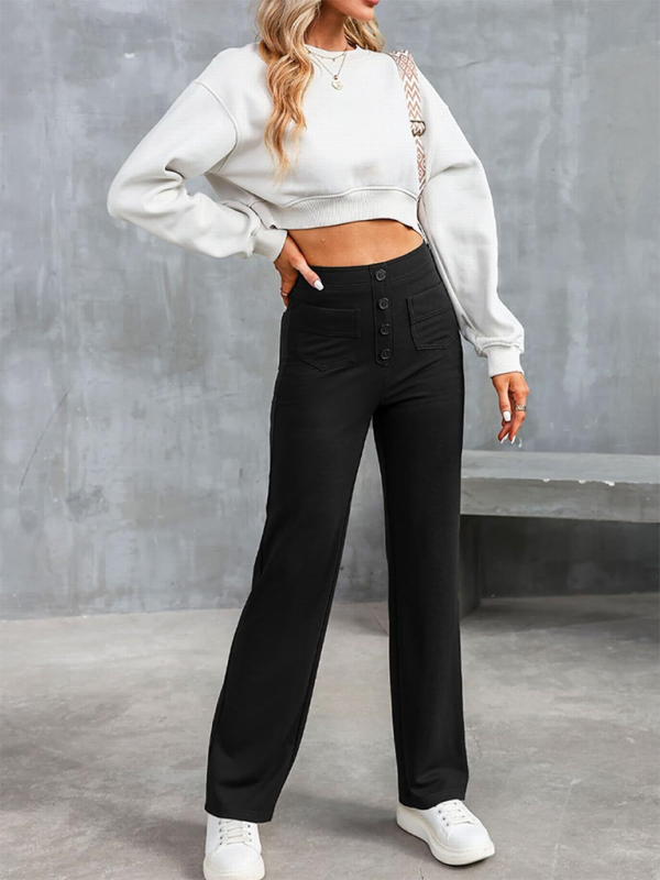 Women's High-Waist Button Straight-Leg Trousers