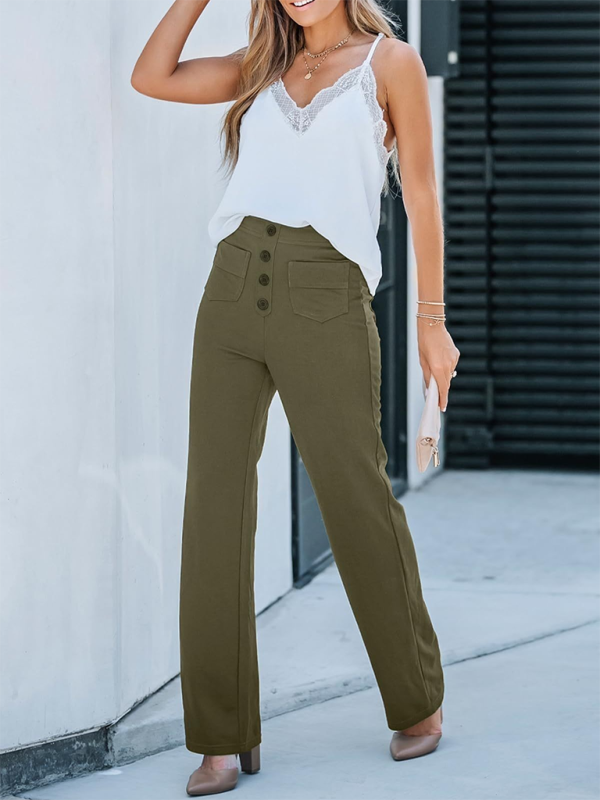 Women's High-Waist Button Straight-Leg Trousers