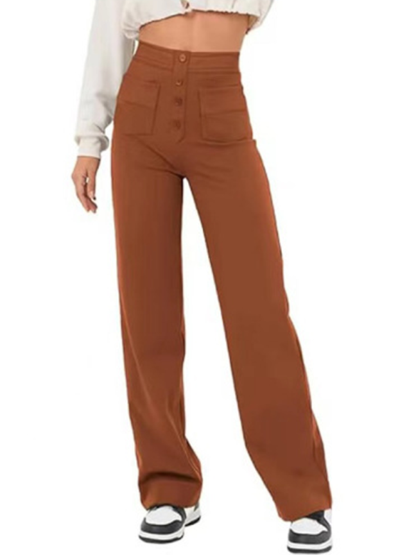 Women's High-Waist Button Straight-Leg Trousers