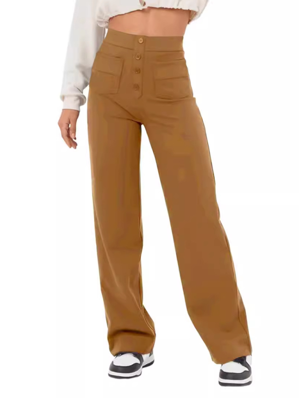 Women's High-Waist Button Straight-Leg Trousers