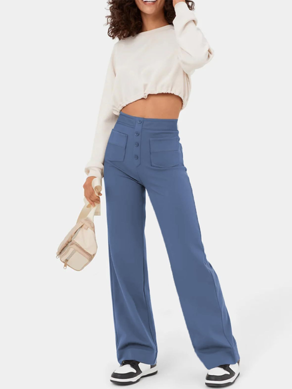 Women's High-Waist Button Straight-Leg Trousers