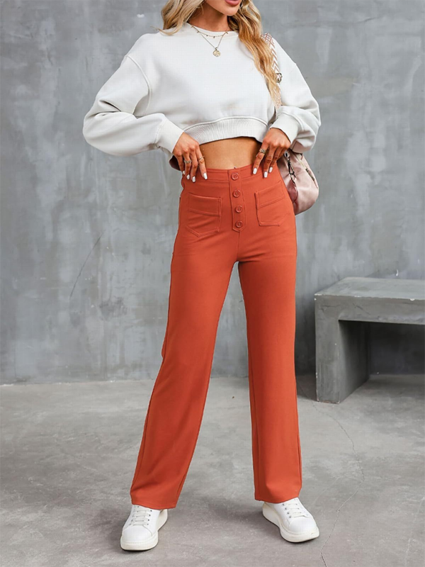 Women's High-Waist Button Straight-Leg Trousers