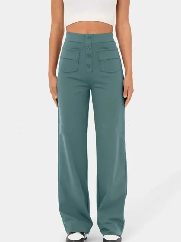 Women's High-Waist Button Straight-Leg Trousers