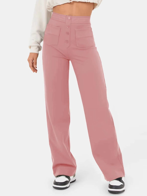 Women's High-Waist Button Straight-Leg Trousers