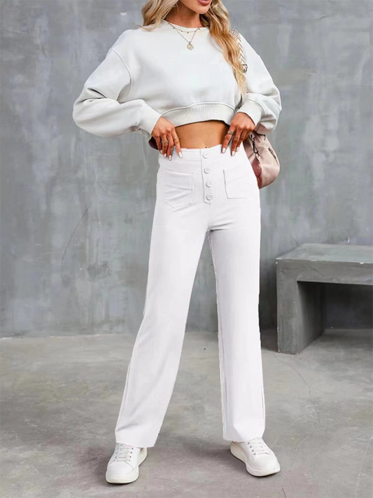 Women's High-Waist Button Straight-Leg Trousers