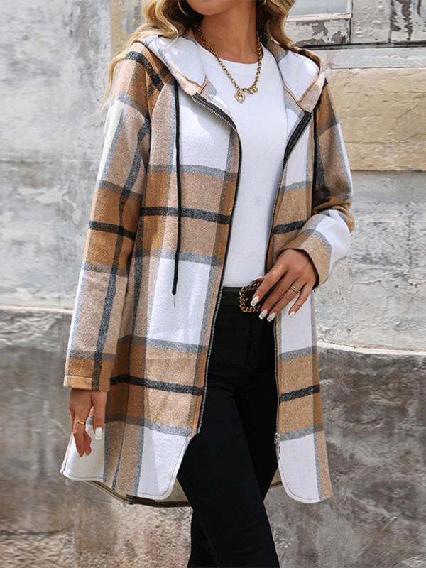 Retro Classic Plaid Long Loose Hooded Jacket