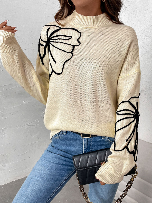 Semi-High-Neck Floral Sweater