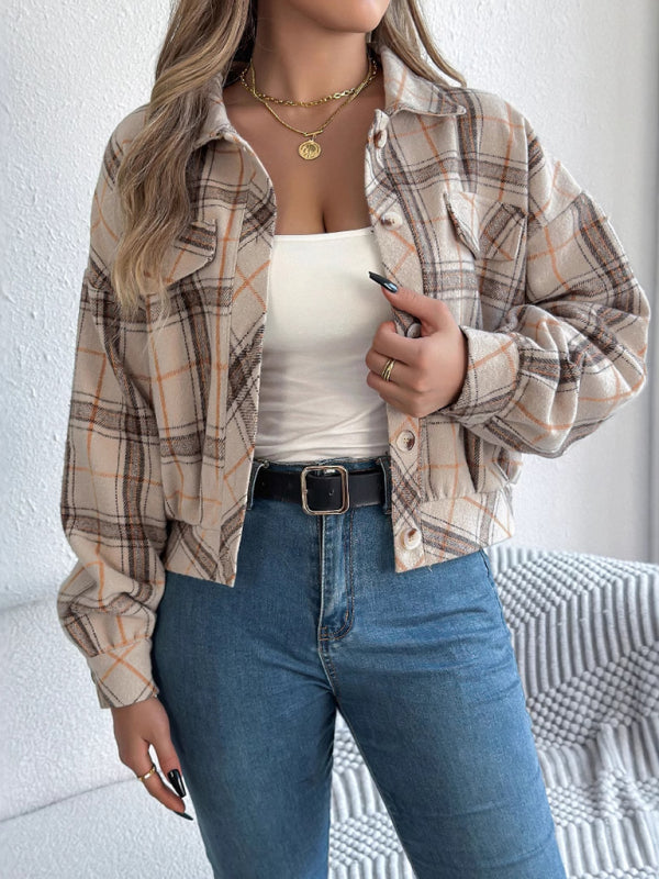 Women's Casual Plaid Long Sleeve Tweed Jacket