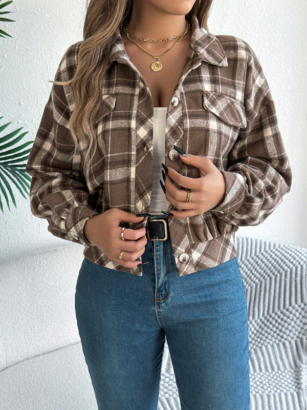Women's Casual Plaid Long Sleeve Tweed Jacket