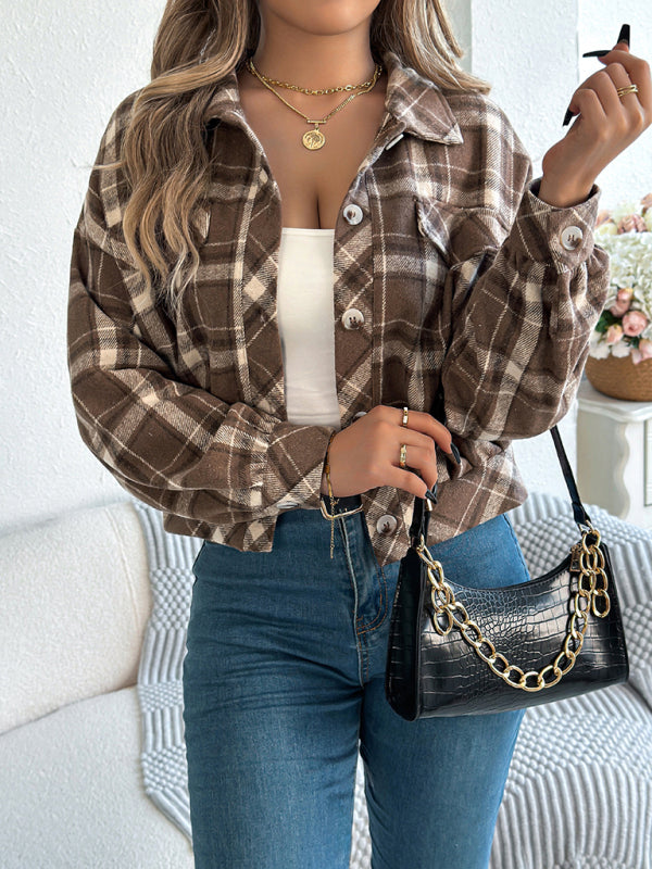 Women's Casual Plaid Long Sleeve Tweed Jacket