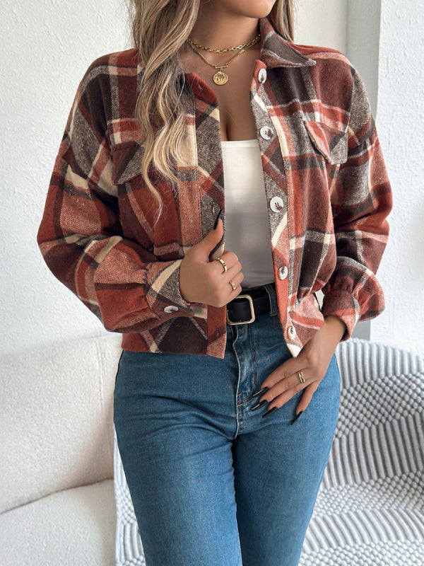 Women's Casual Plaid Long Sleeve Tweed Jacket