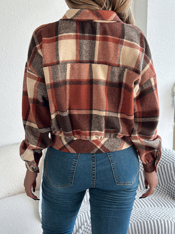 Women's Casual Plaid Long Sleeve Tweed Jacket