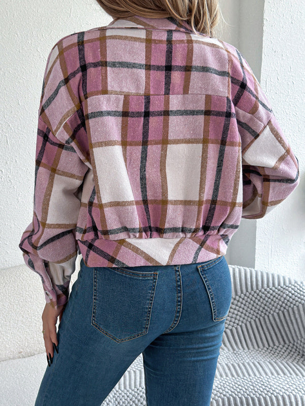 Women's Casual Plaid Long Sleeve Tweed Jacket