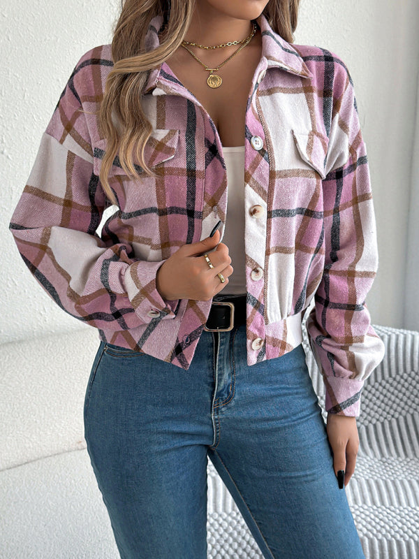 Women's Casual Plaid Long Sleeve Tweed Jacket