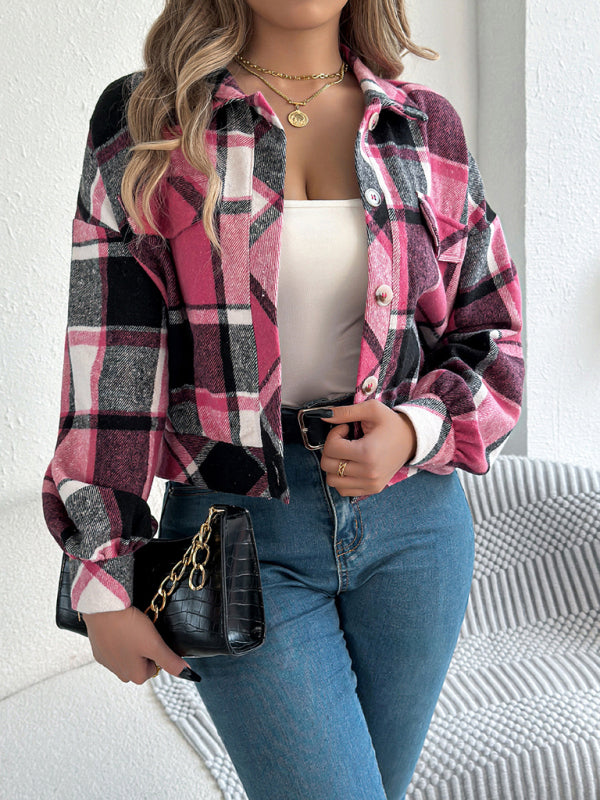 Women's Casual Plaid Long Sleeve Tweed Jacket