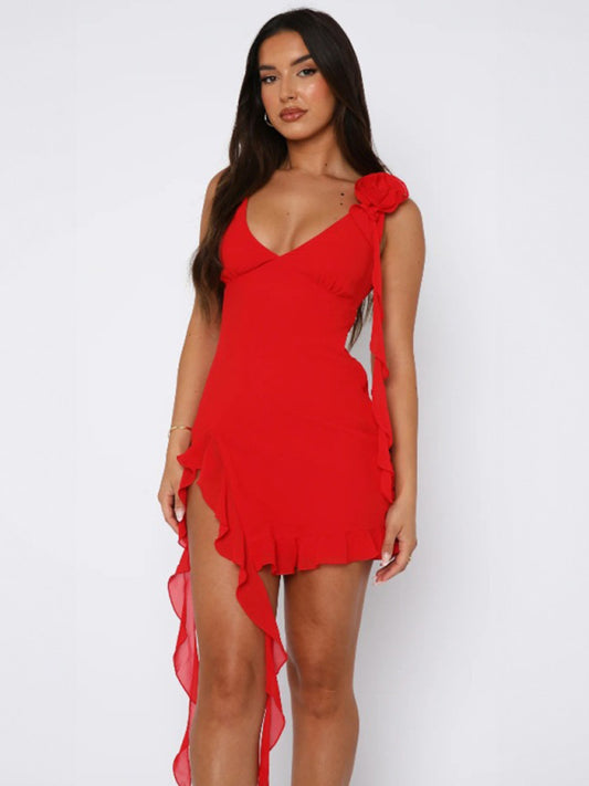 New-Style Deep-V Wave-Edge Mini Dress