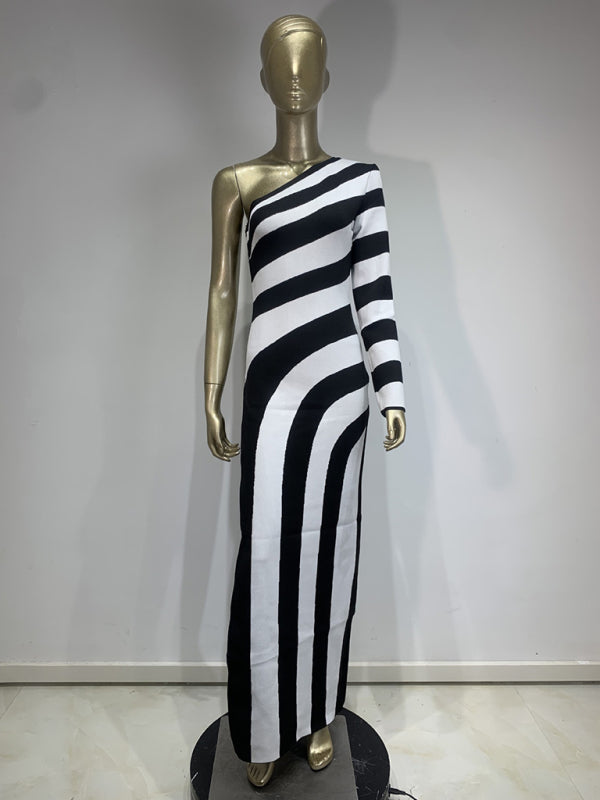 Zebra Print One-Shoulder Long Dress