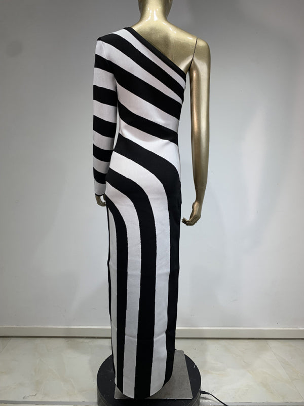 Zebra Print One-Shoulder Long Dress