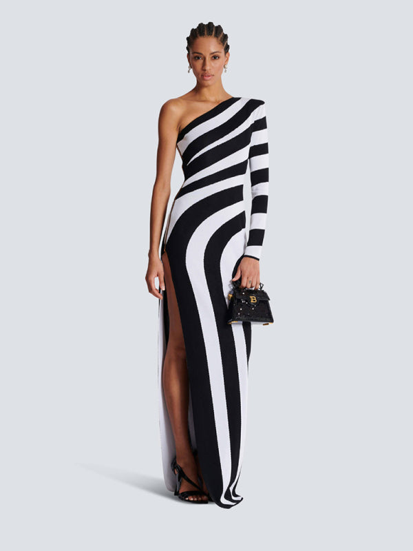 Zebra Print One-Shoulder Long Dress