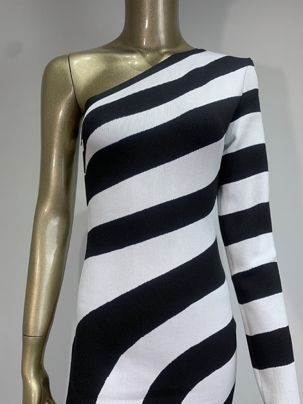 Zebra Print One-Shoulder Long Dress