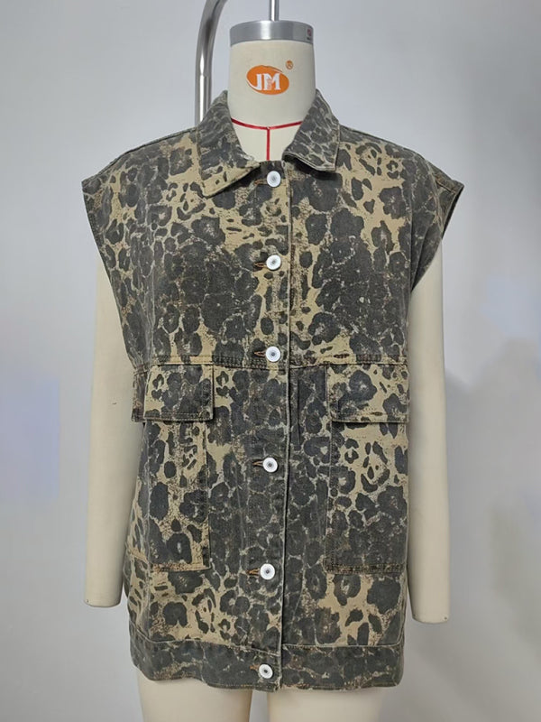 Washed Denim Loose Leopard Print Vest Waistcoat