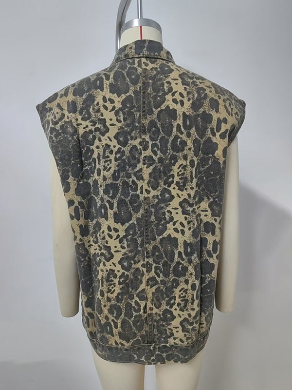 Washed Denim Loose Leopard Print Vest Waistcoat