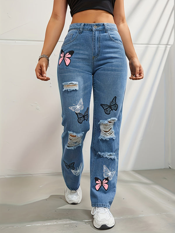 Women's Butterfly-Printed Ripped Straight High-Waist Denim Trousers
