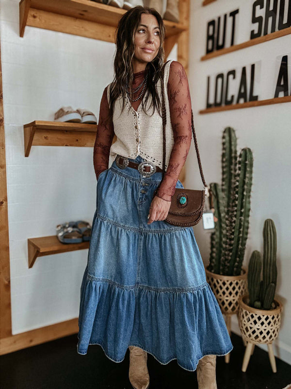 Bohemian A-Line Layered Cake Denim Skirt