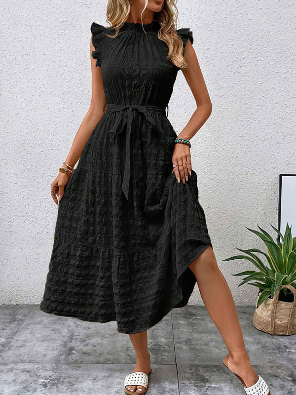 New Ruffles Flying-Sleeve Lace-Up Textured Dress