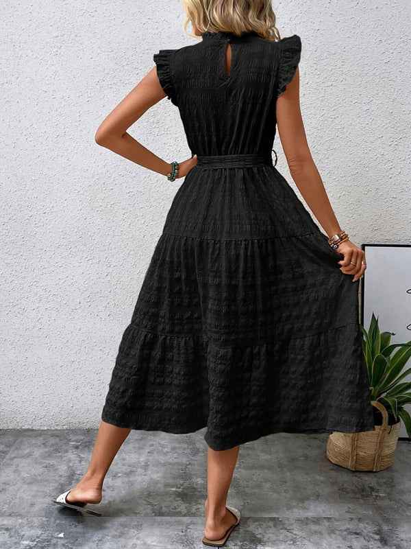New Ruffles Flying-Sleeve Lace-Up Textured Dress