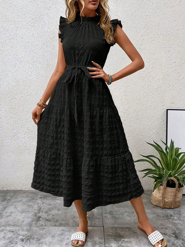 New Ruffles Flying-Sleeve Lace-Up Textured Dress