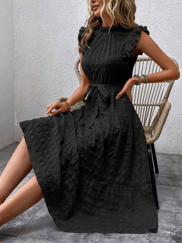 New Ruffles Flying-Sleeve Lace-Up Textured Dress